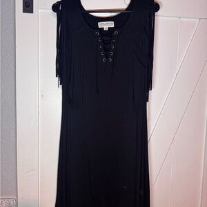 Idyllwind Black Lace-Up Fringe Mini Dress